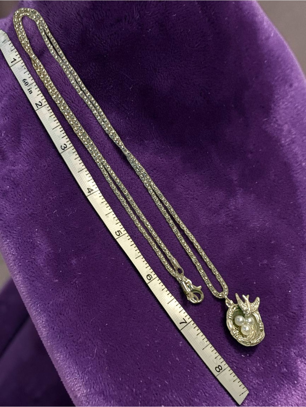 Silver Bird Nest Necklace with Pearl egg accents Pendant & a popcorn chain - Picture 3 of 4
